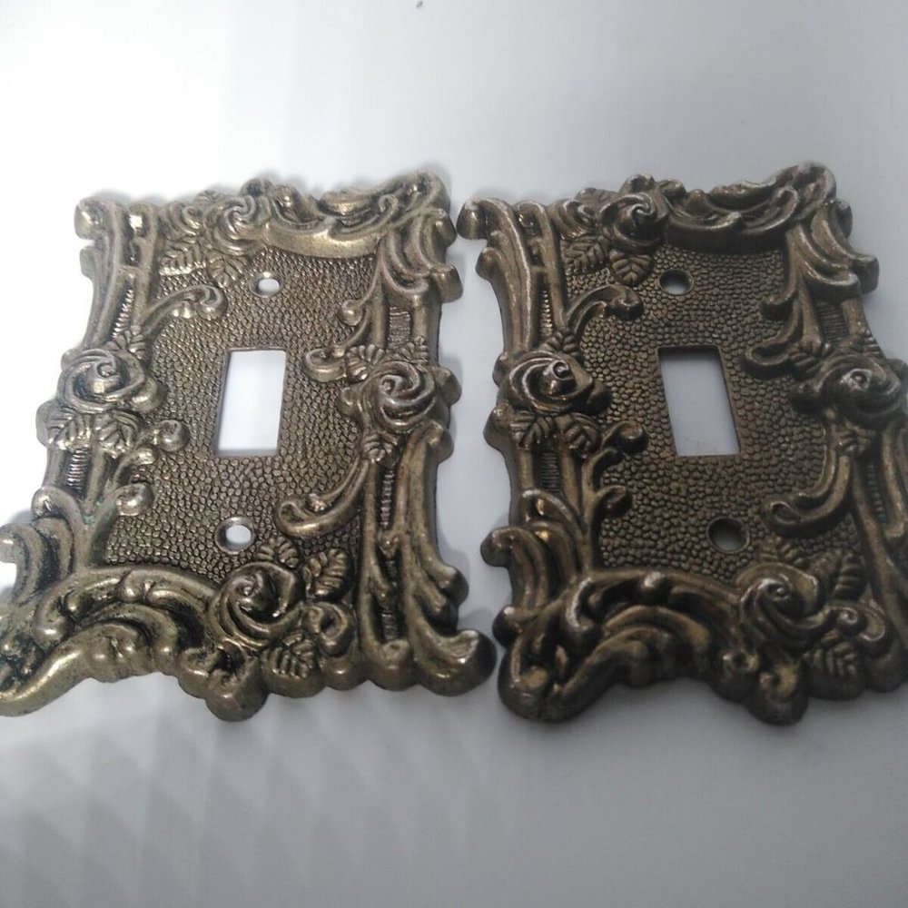 Vintage 1967 American Tack Light Switch Cover Plate Brass Tone Floral Rose #60T